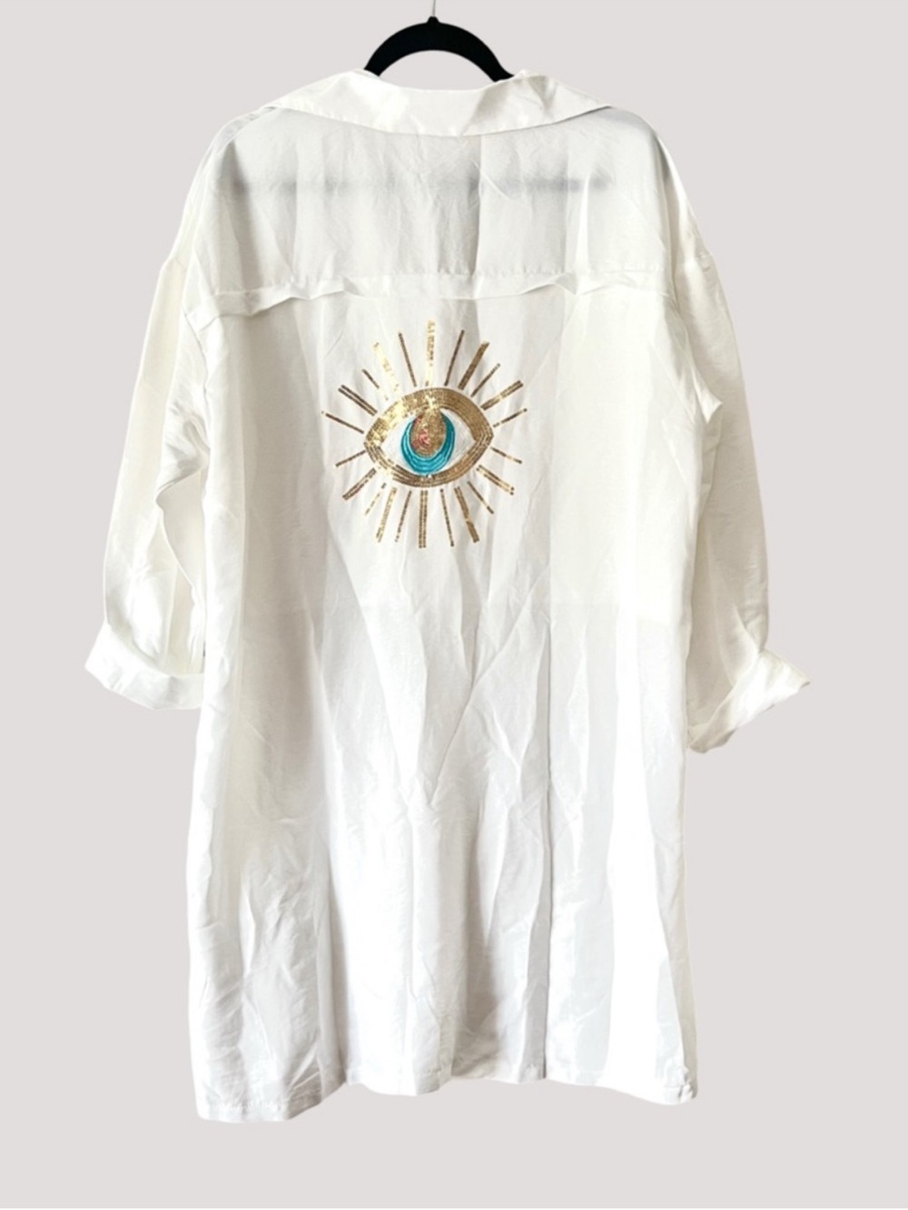 Women’s Embroidered Sparkled Evil Eye Greek Long Sleeve White Swim Beach Coverup